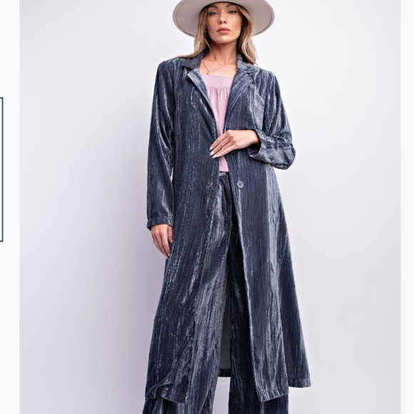 New! Easel Blue Velvet Maxi Coat - Picture 2 of 7